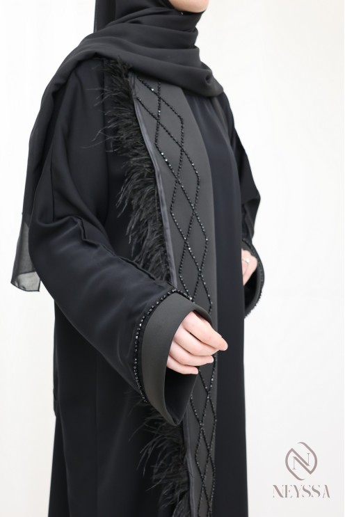 Abaya kimono Dubaï noire perlés à plumes chic pour femme hijabi