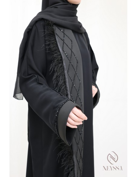 Abaya kimono Dubai black beaded feather chic women's hijabi
