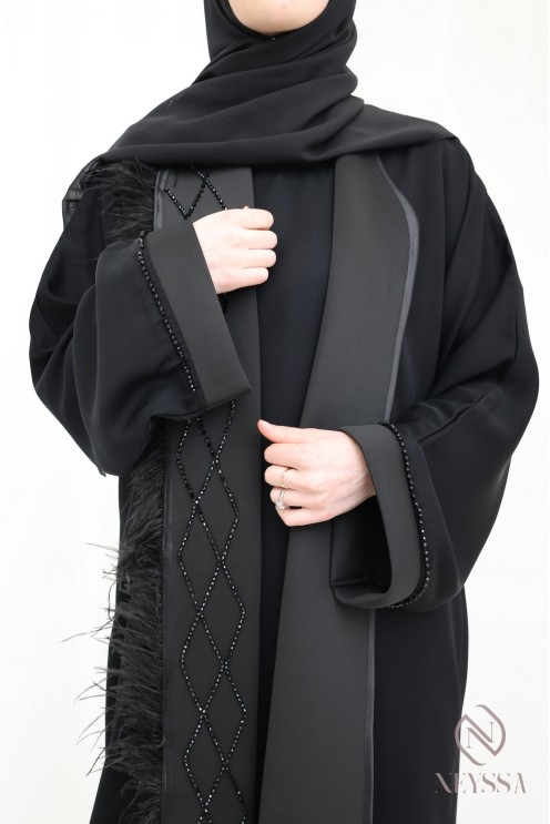 Kimono-Abaya Dubai schwarz mit Perlen und Federn chic Hijabi-Frauen