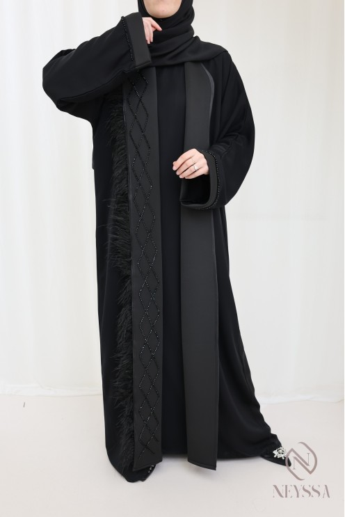 Kimono-Abaya Dubai schwarz mit Perlen und Federn chic Hijabi-Frauen