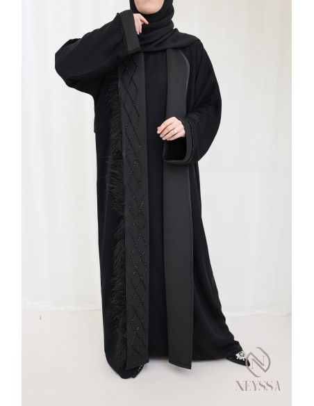 Abaya kimono Dubai black beaded feather chic women's hijabi