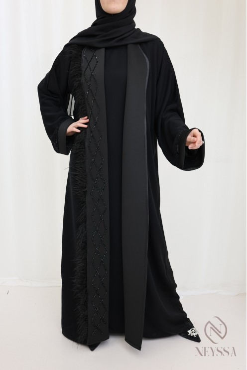 Abaya kimono Dubaï noire perlés à plumes chic pour femme hijabi