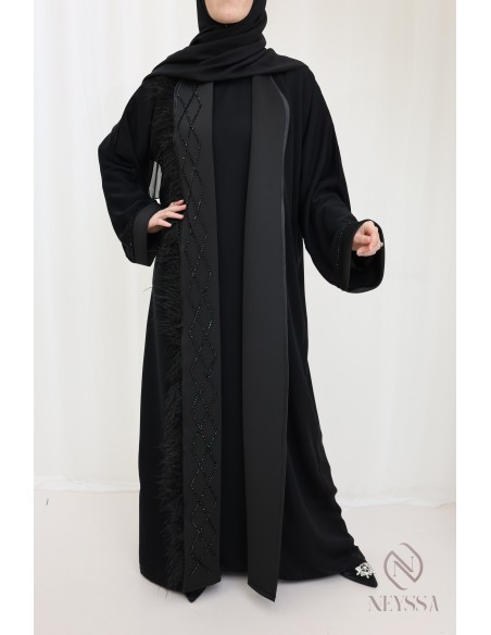 Kimono-Abaya Dubai schwarz mit Perlen und Federn chic Hijabi-Frauen