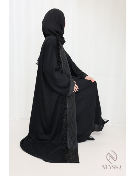Abaya kimono Dubai black beaded feather chic women's hijabi