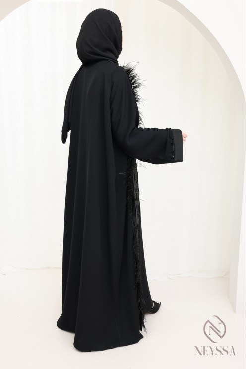 Kimono-Abaya Dubai schwarz mit Perlen und Federn chic Hijabi-Frauen