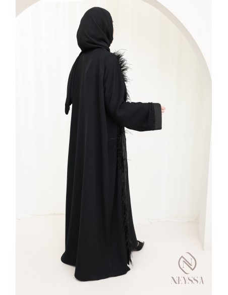 Abaya kimono Dubaï noire perlés à plumes chic pour femme hijabi