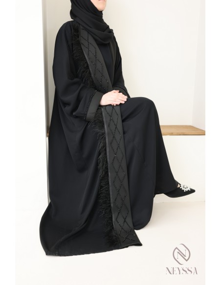 Abaya kimono Dubai black beaded feather chic women's hijabi