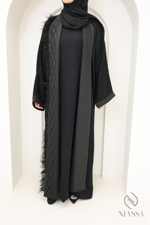 Abaya kimono Dubaï noire perlés à plumes chic pour femme hijabi