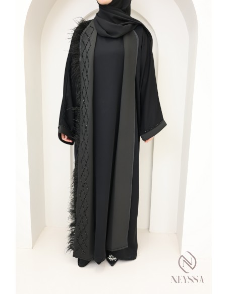 Abaya kimono Dubaï noire perlés à plumes chic pour femme hijabi