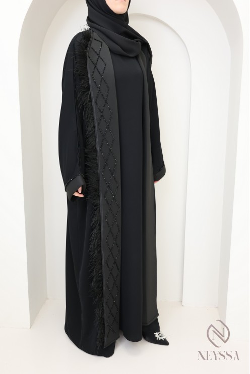 Abaya kimono Dubaï noire perlés à plumes chic pour femme hijabi