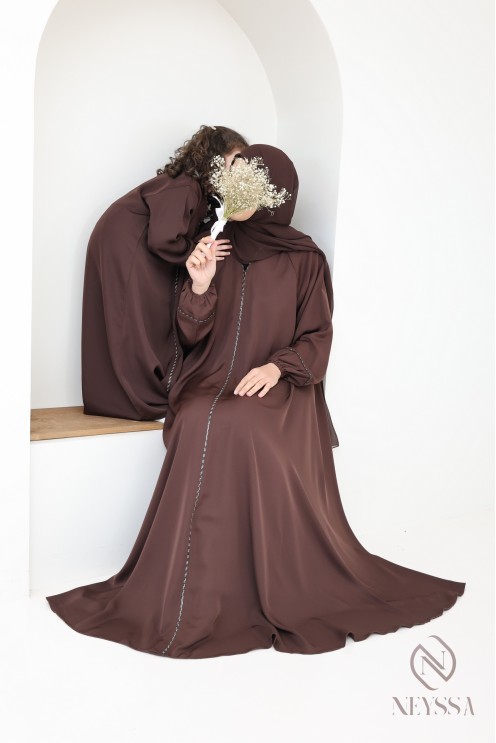 Abaya Dubaï marron manches bouffantes, look mère/fille pour l'Aïd 2025