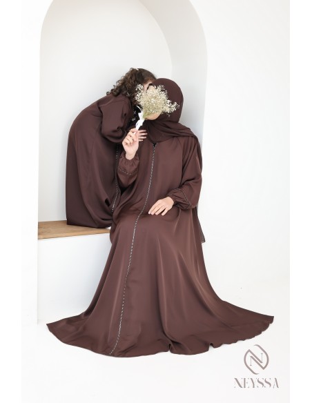 Abaya Dubaï brown puffed sleeves, mother/daughter look for Eid 2025