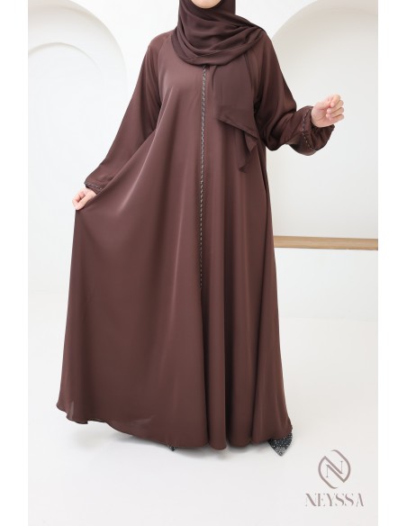 Abaya Dubaï marron manches bouffantes, look mère/fille pour l'Aïd 2025