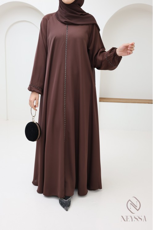 Abaya Dubaï brown puffed sleeves, mother/daughter look for Eid 2025