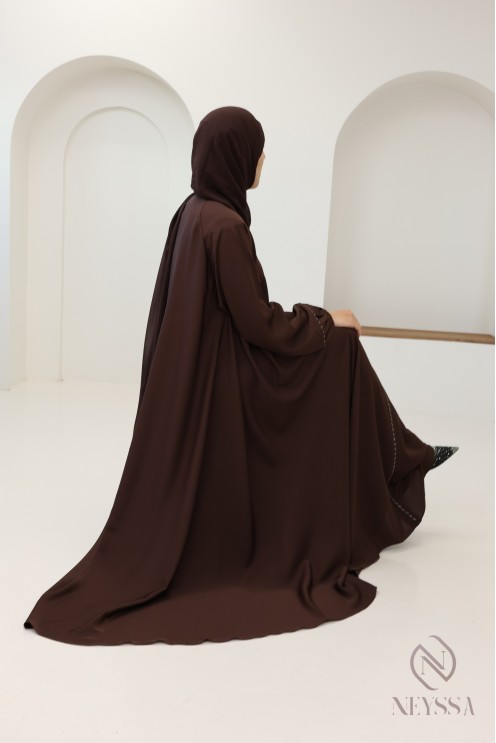 Abaya Dubaï marron manches bouffantes, look mère/fille pour l'Aïd 2025