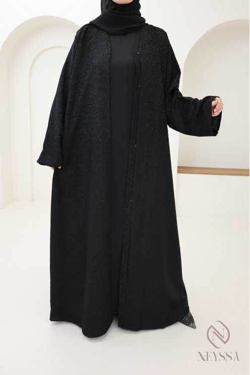 Abaya kimono Dubai with floral embroidery veiled woman, hijab