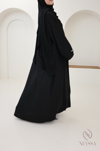 Abaya kimono Dubai with floral embroidery veiled woman, hijab 2