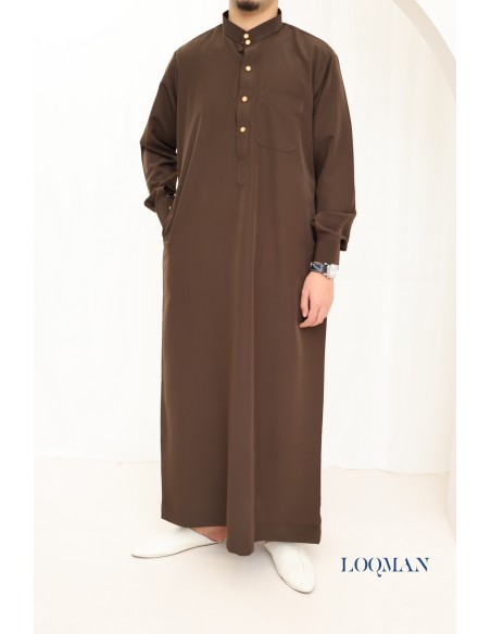 Qamis homme musulman marron Émiratie luxe, idée tenue Aïd