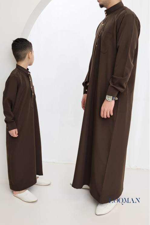 Luxury brown Emirati Qamis for men, Eid outfit idea