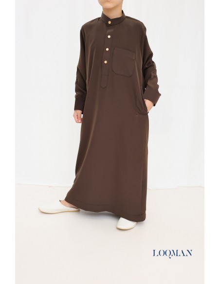 High-quality brown children's qamis with pockets, boy's outfit
