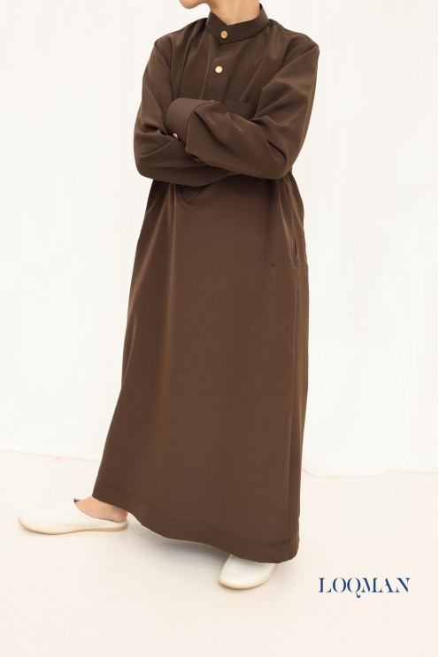 Qamis enfant marron de haute qualité avec poches, tenue garçon