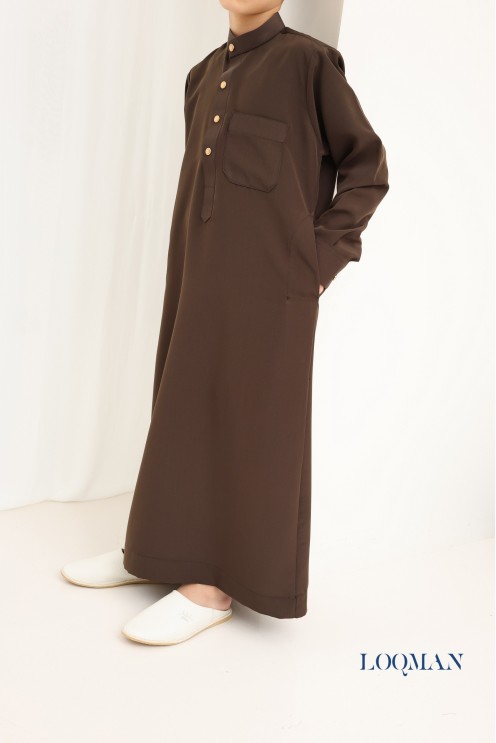 High-quality brown children's qamis with pockets, boy's outfit