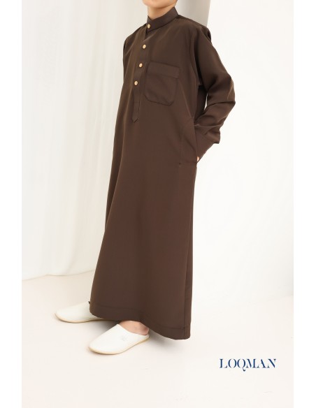 High-quality brown children's qamis with pockets, boy's outfit