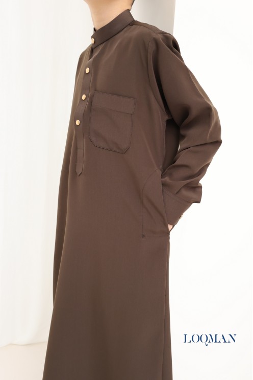 High-quality brown children's qamis with pockets, boy's outfit