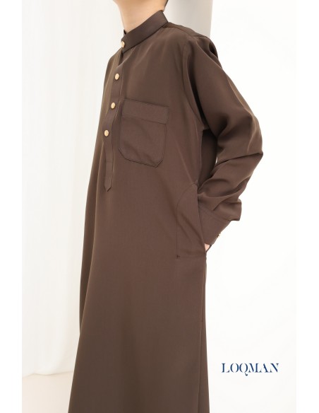 Qamis enfant marron de haute qualité avec poches, tenue garçon