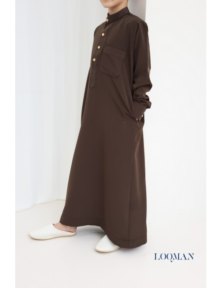 Qamis enfant marron de haute qualité avec poches, tenue garçon