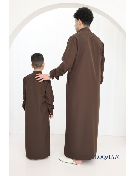 High-quality brown children's qamis with pockets, boy's outfit