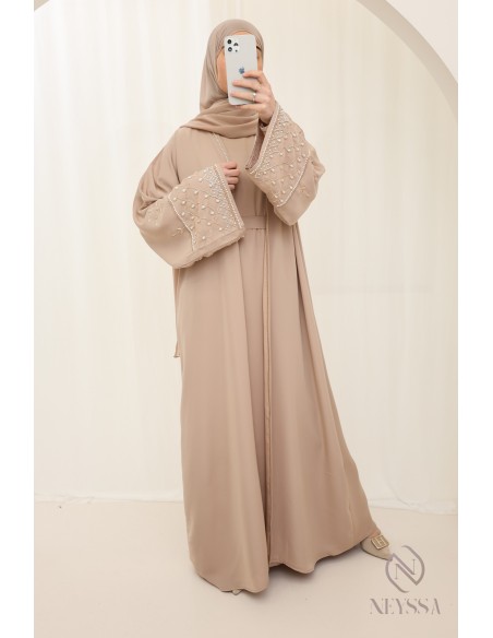 Abaya Dubai beige mit Kimono, bescheidene Outfit-Idee für Eid