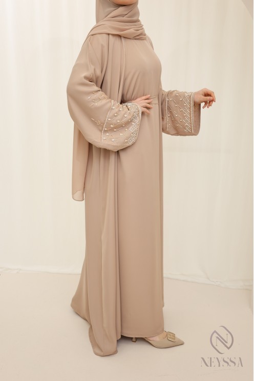 Abaya Dubai beige mit Kimono, bescheidene Outfit-Idee für Eid