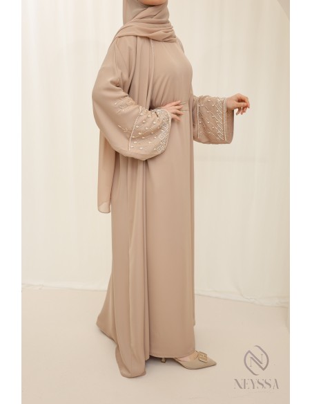 Abaya Dubai beige mit Kimono, bescheidene Outfit-Idee für Eid
