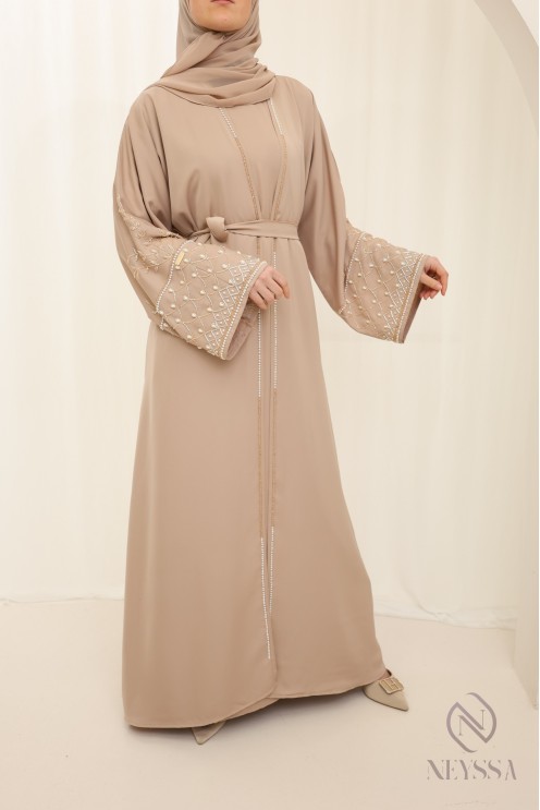 Abaya Dubaï beige with kimono, modest outfit idea for Eid