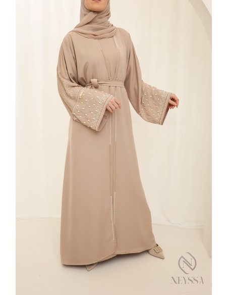 Abaya Dubaï beige with kimono, modest outfit idea for Eid