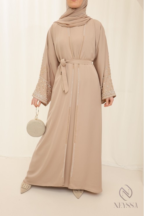 Abaya Dubai beige mit Kimono, bescheidene Outfit-Idee für Eid