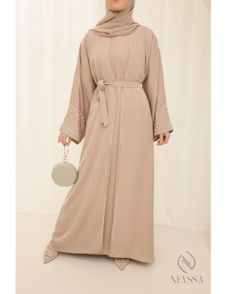 Abaya Dubai beige mit Kimono, bescheidene Outfit-Idee für Eid