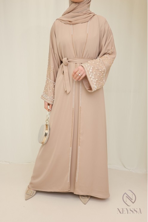 Abaya Dubai beige mit Kimono, bescheidene Outfit-Idee für Eid
