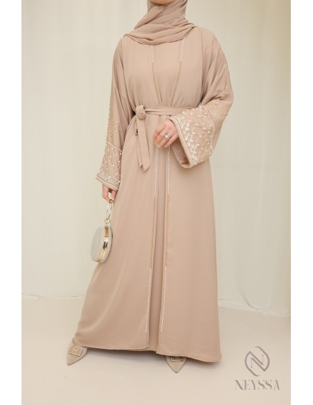 Abaya Dubaï beige with kimono, modest outfit idea for Eid