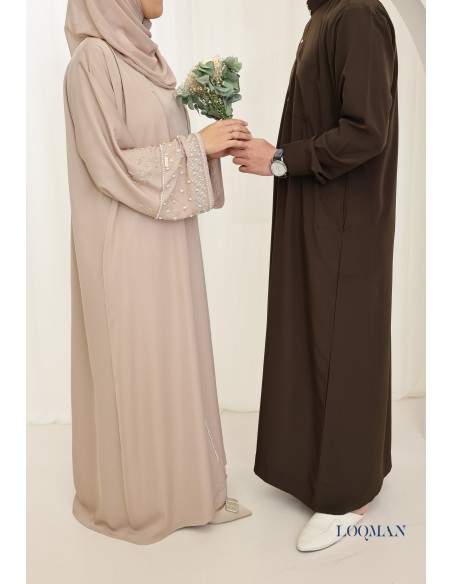 Abaya Dubaï beige avec kimono, idée outfit modeste pour l'Aïd