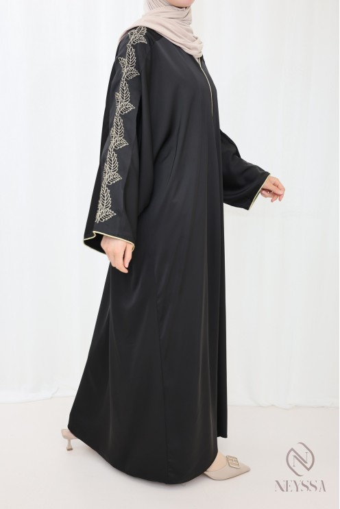 Abaya schwarz Frau mit Stickerei, moderne weite Outfit für Eid