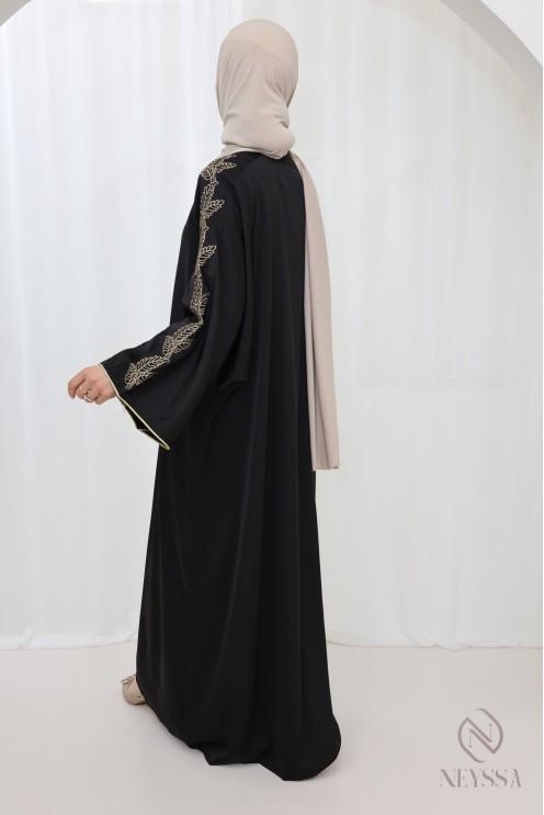 Abaya black woman with embroidery, modern ample outfit for the Eid