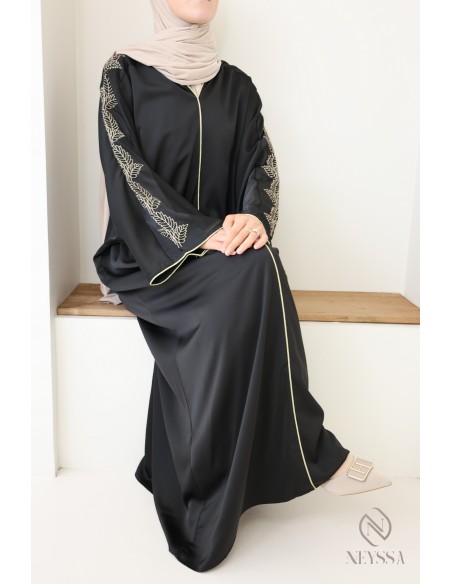 Abaya schwarz Frau mit Stickerei, moderne weite Outfit für Eid
