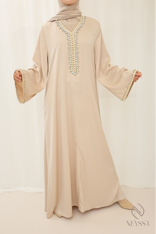 Beige lange Abaya für verschleierte Frau Kaftan-Stil für aïd