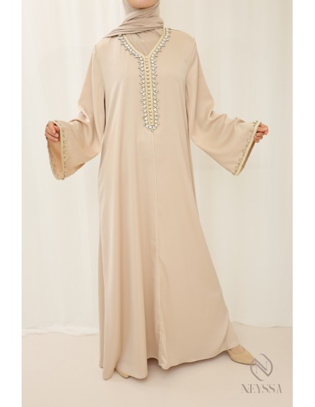 Abaya longue beige pour femme voilée style caftan pour l'aïd