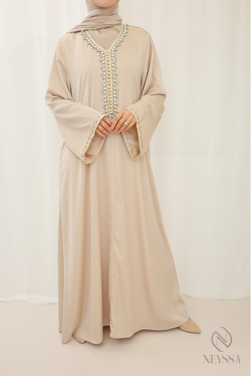 Beige long abaya for woman veiled caftan style for aïd