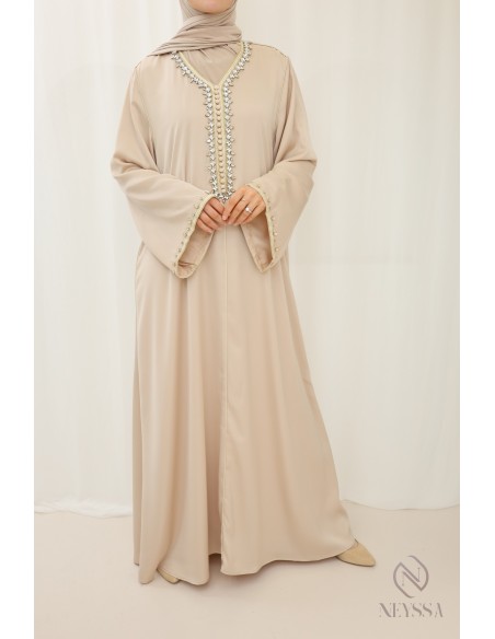 Beige long abaya for woman veiled caftan style for aïd