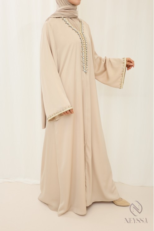 Abaya longue beige pour femme voilée style caftan pour l'aïd