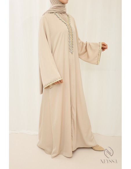 Beige long abaya for woman veiled caftan style for aïd